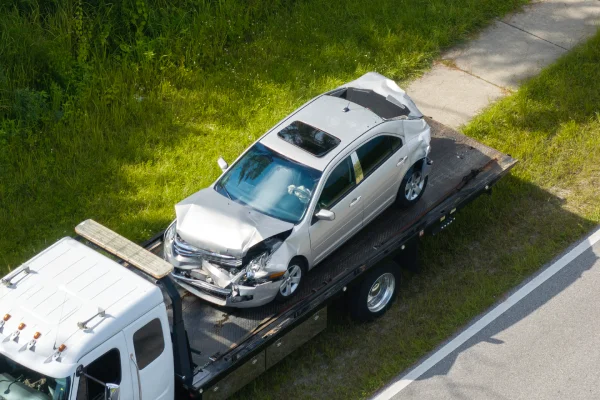 Traffic accident with tow truck hauling smashed vehicle